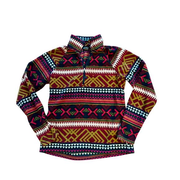 EDDIE BAUER Womens Sz M Aztec/Tribal Print Burgundy Boho Quarter Zip Fleece - Picture 1 of 6